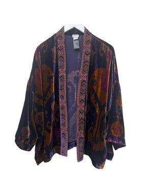 Chico's Velvet Jacket Womens L/XL Purple Ikat Kimono Embroidered Open Front Boho